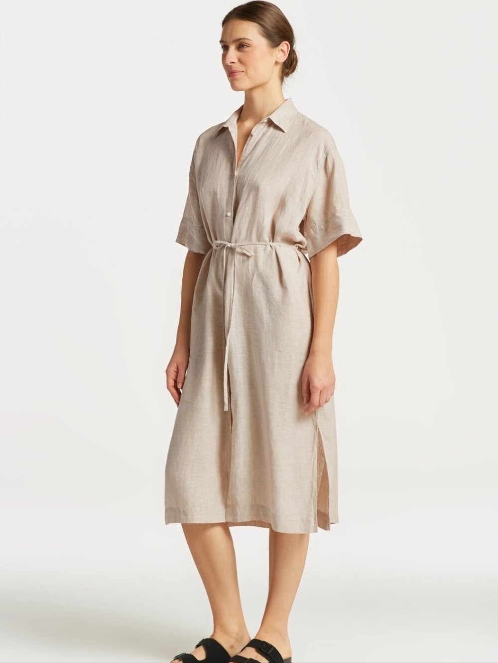 GANT 100% Linen Shirt Dress Beige Belted Midi Button Front Scandinavian Small 4